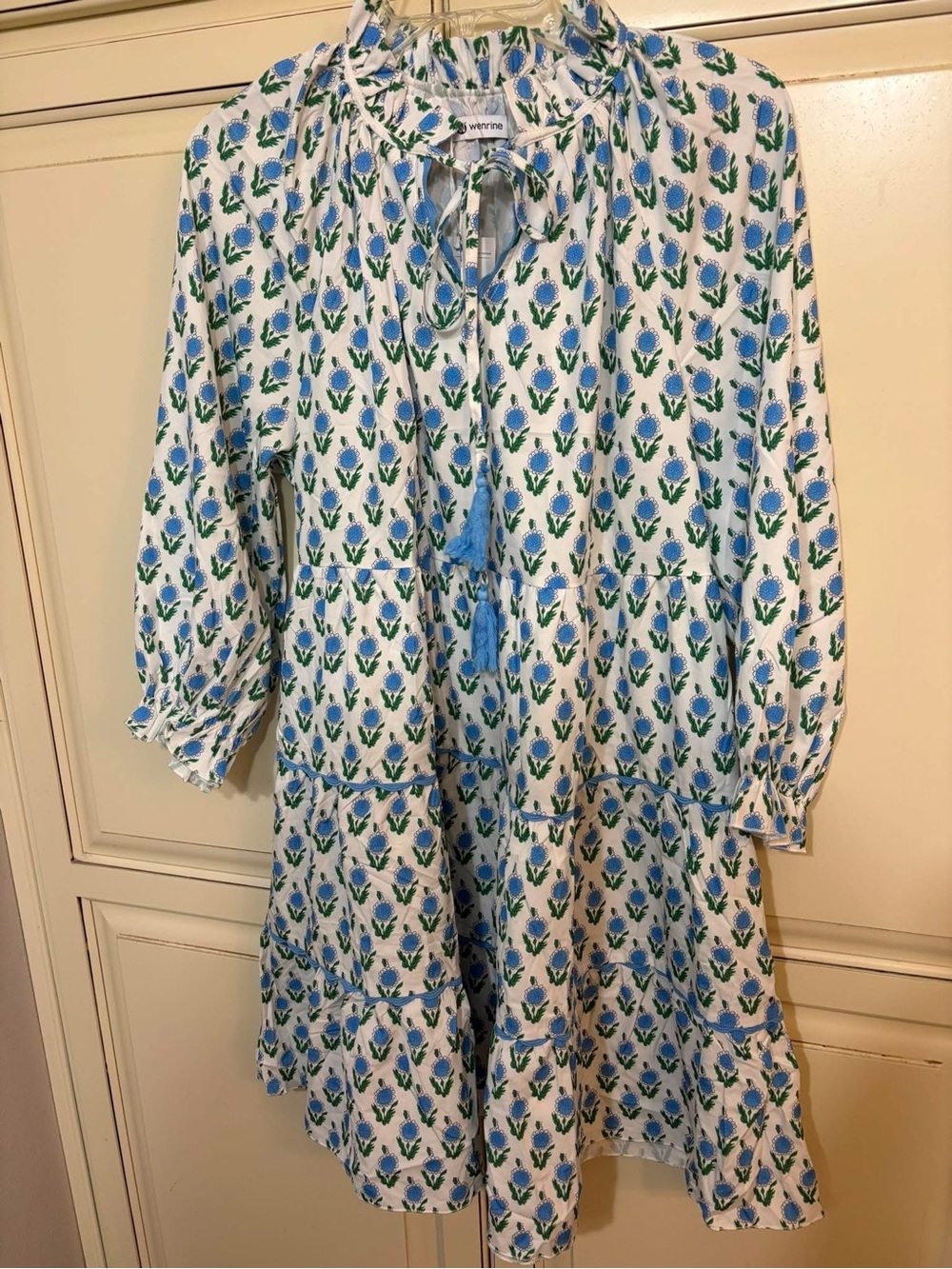 Women’s large blue and White Floral Tiered Tunic Dress with Blue & Green Print
